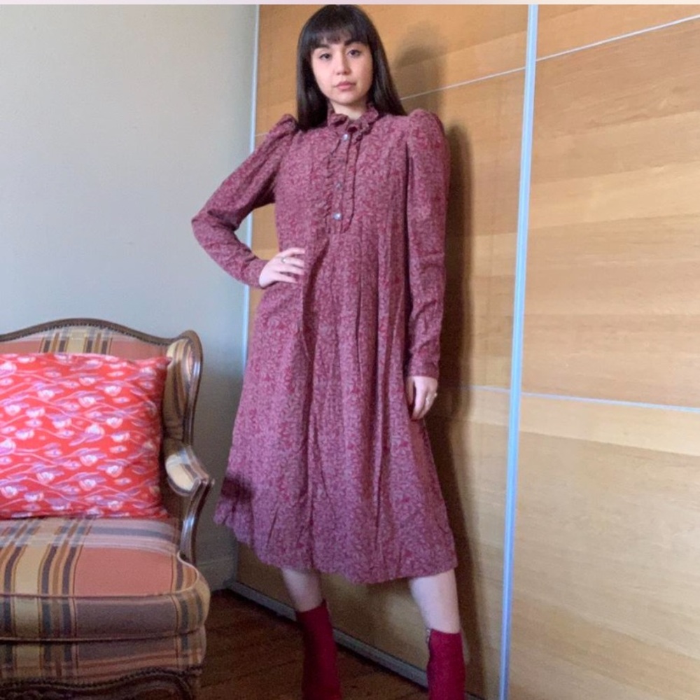 Laura Ashley 1980s Dark Red Patterned Smock Dress